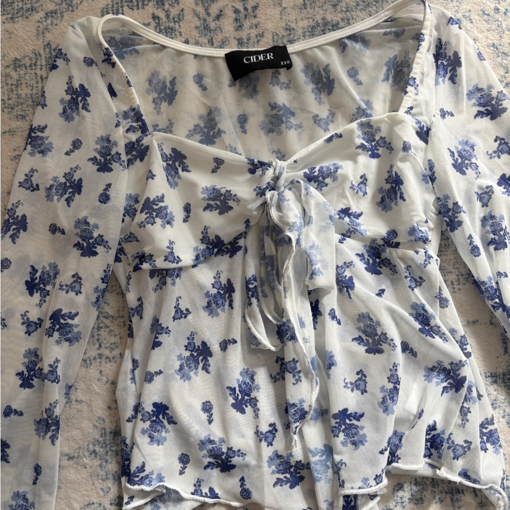 Cider Mesh Sweetheart Neckline Floral Knotted Long Sleeve Top
